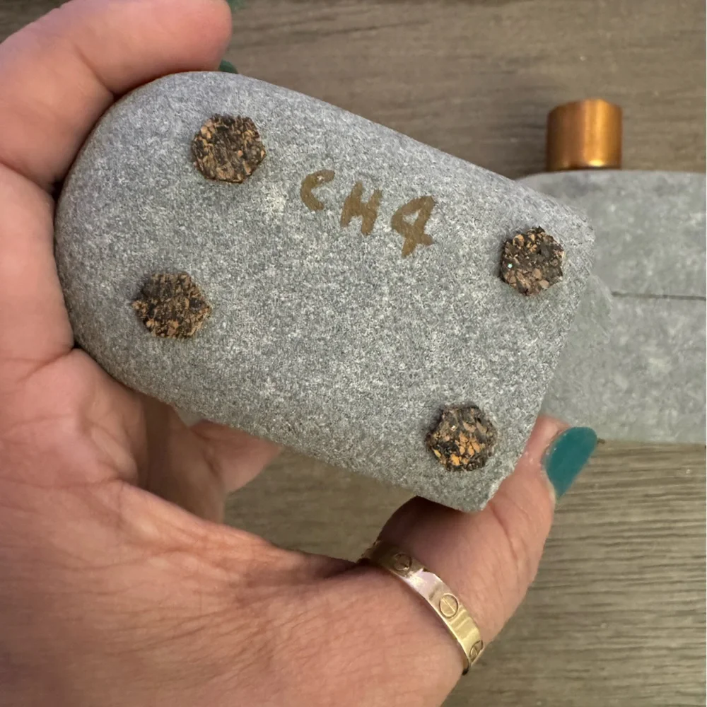 Vintage Maris Taylor Designs stone and copper candleholders.